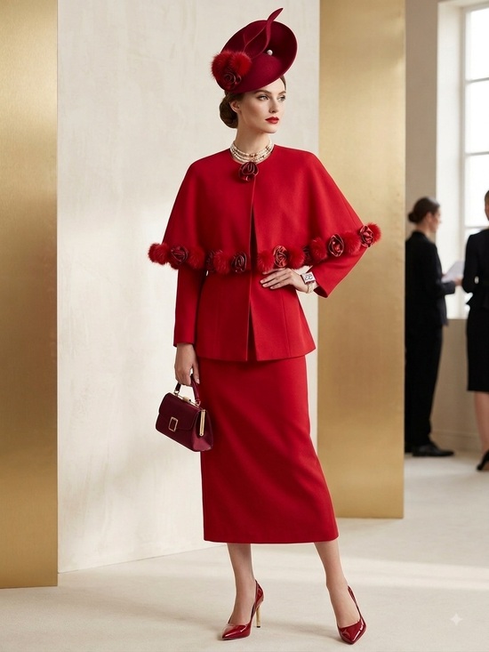 Roaman's Dresses & Skirts - 3Pc Elegant VTG Red Women's Maxi Length Skirt Jacket & Cape Tailored suit 16W